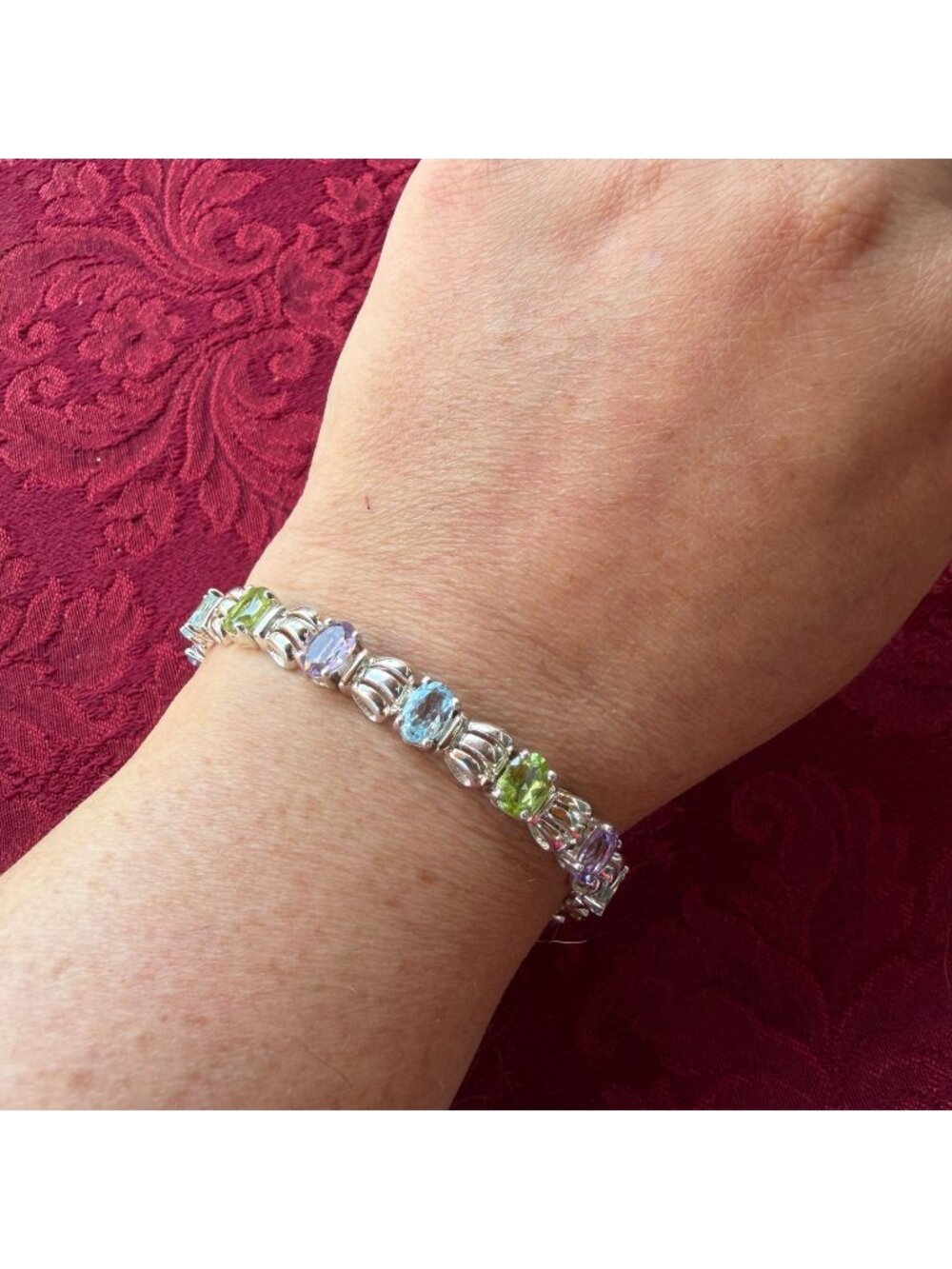 Vintage Sterling Silver Multi Gemstone Tennis Bracelet Peridot Amethyst Topaz
